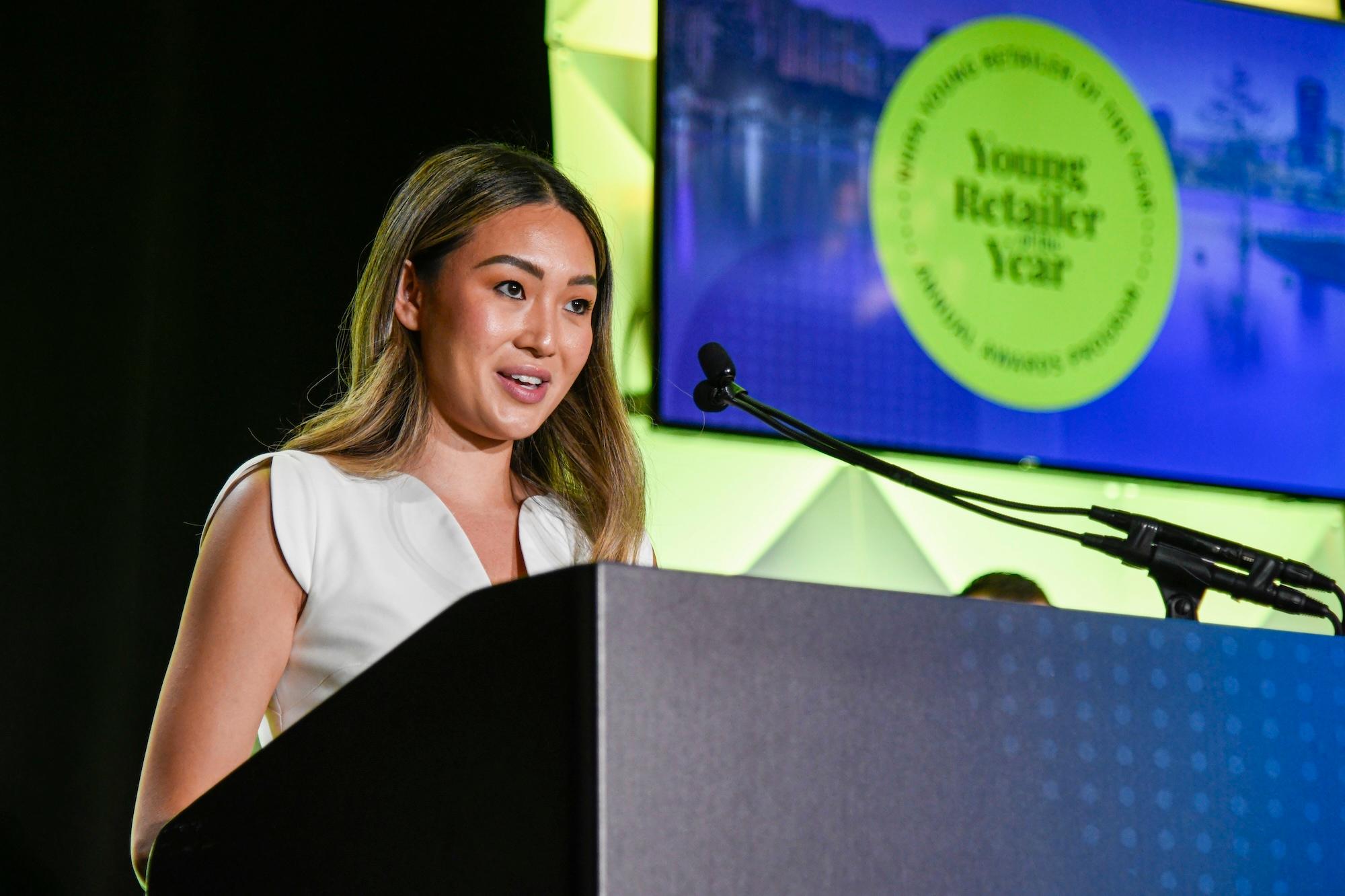 Young Retailer of the Year honoree gives a thank you speech.